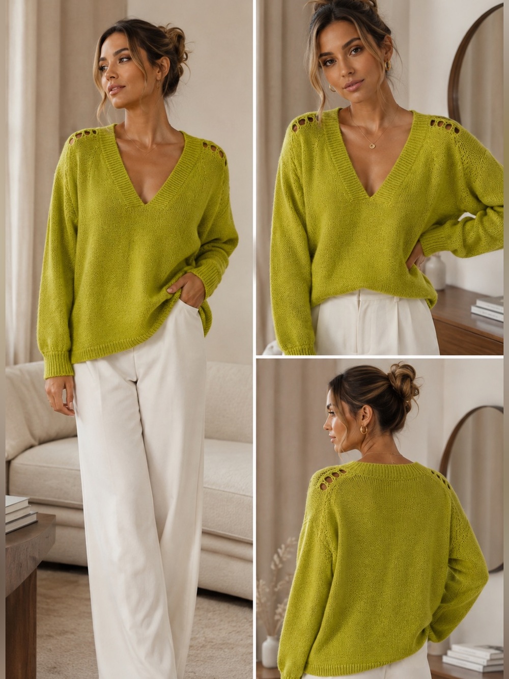 United Colors of Benetton V-Neck Mustard / Lime Green Sweater